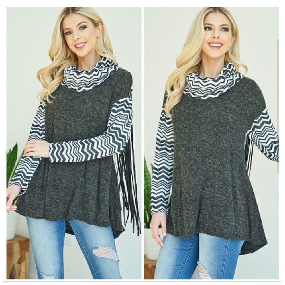 A’Reve Charcoal Gray/Black Cowl Neck Western Back Fringe Chevron Top  M//L-NWT